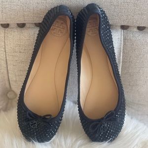 Tory Burch Black Sparkles Round Toe Flat